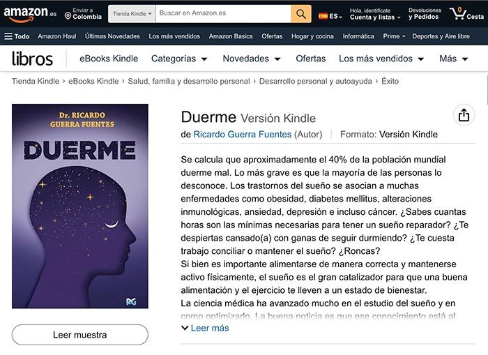 Captura de pantalla del diseño de portada para el libro Duerme de Ricardo Guerra Fuentes, ya en la librería digital de Amazon